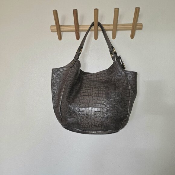 Brahmin Melbourne Anne Hobo Bag Croc Embossed Leather Shoulder Tote Gray Taupe - Picture 2 of 16